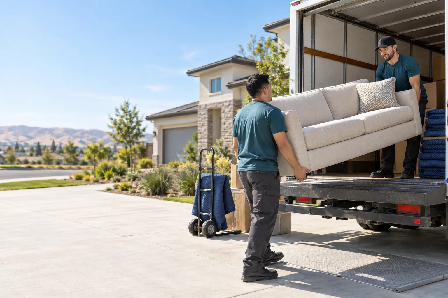 Moving crew carefully loading a sofa into a box truck